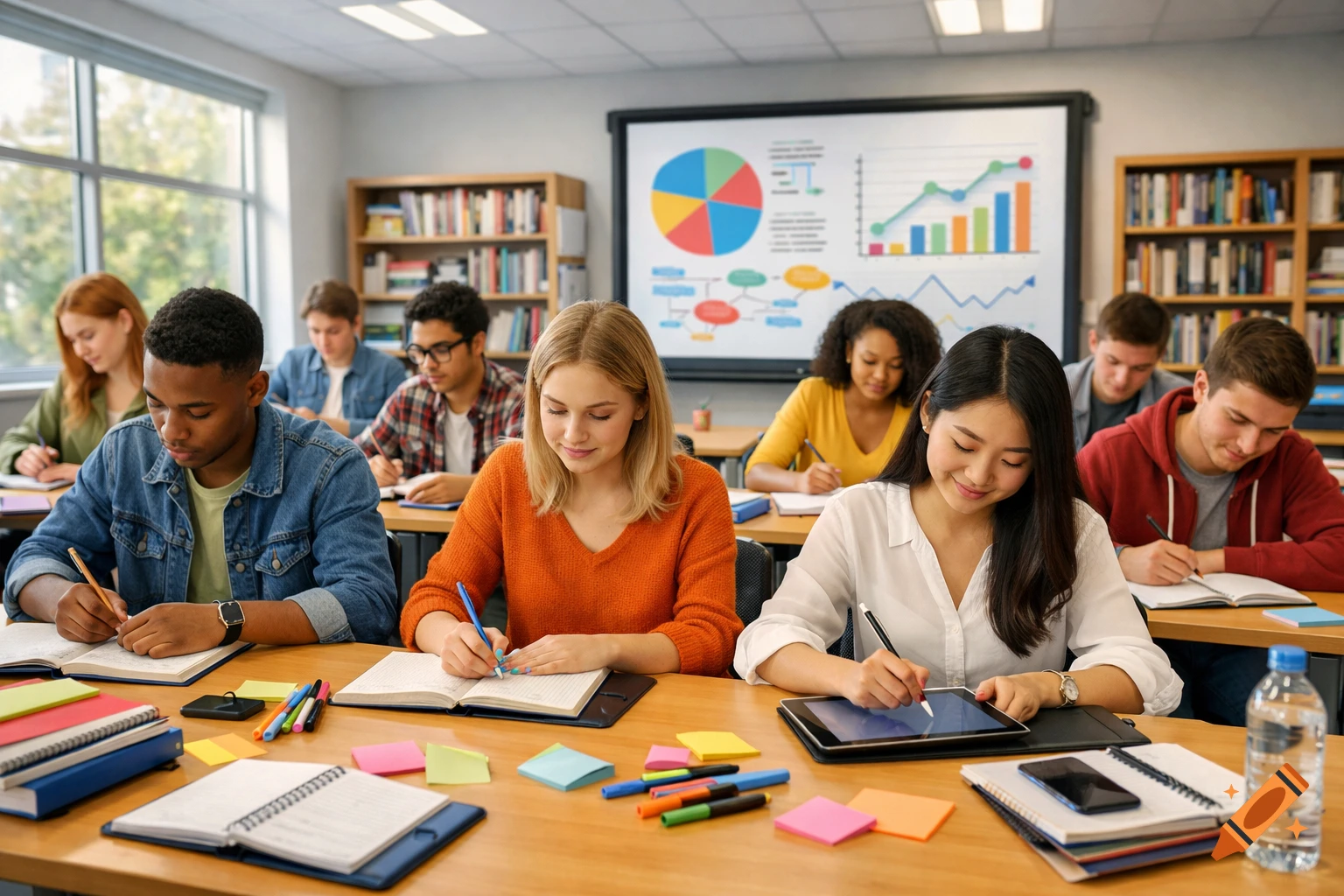 A diverse group of students in a classroom are seated at desks, writing in notebooks and on a tablet. A projector screen in the background displays colorful graphs.