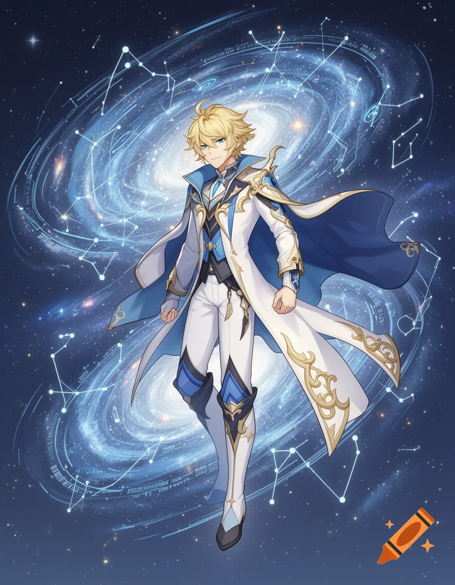An anime male character with blond hair and blue eyes, wearing a white ...