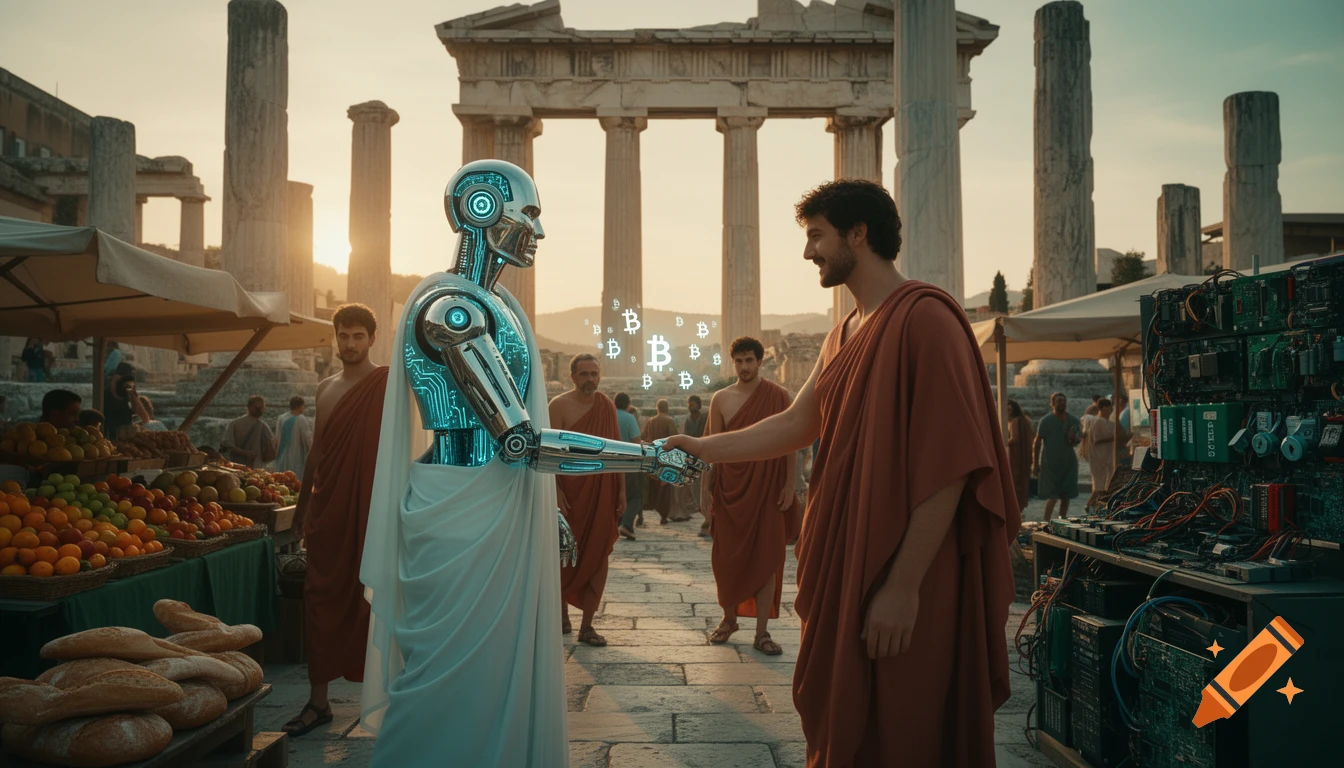 Photorealistic robot and human in togas shake hands in an ancient Greek agora with floating Bitcoin symbols and market stalls.
