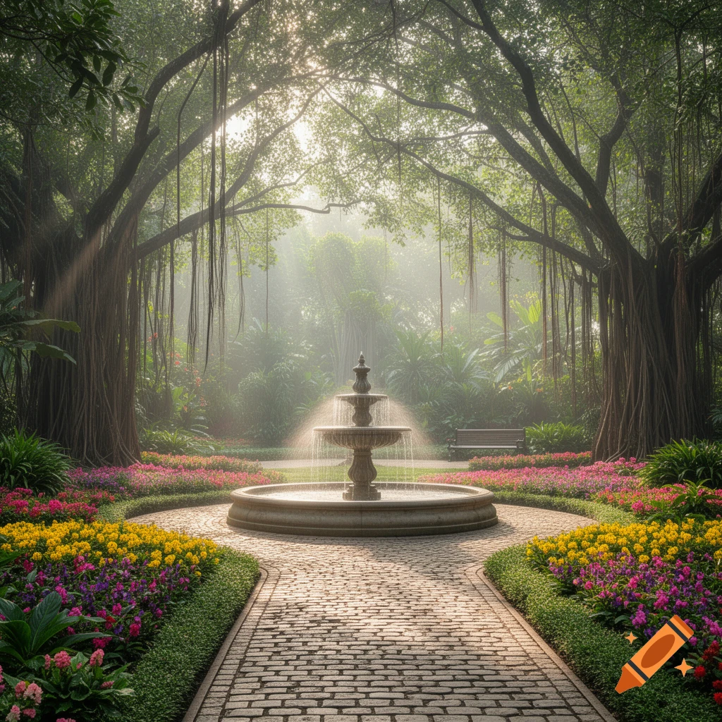 Photorealistic image of a tiered fountain surrounded by vibrant flowers and lush trees with hanging vines in a misty garden.