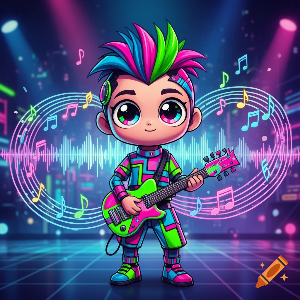 Vibrant chibi cartoon character with colorful spiky hair plays a neon electric guitar on a futuristic stage with musical notes.