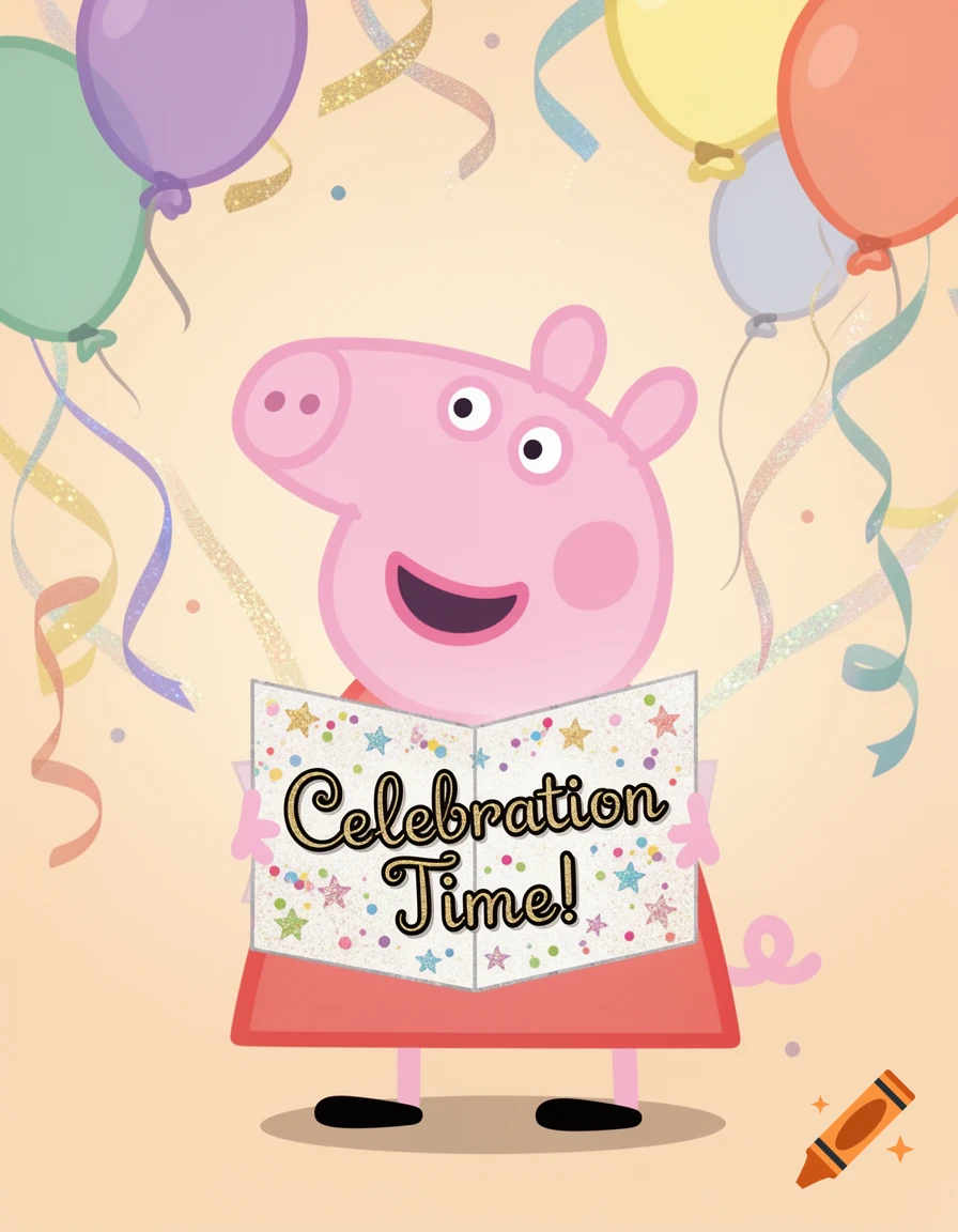 Peppa Pig holds an open book reading 'Celebration Time!' amidst colorful balloons, streamers, and confetti in a cartoon style.