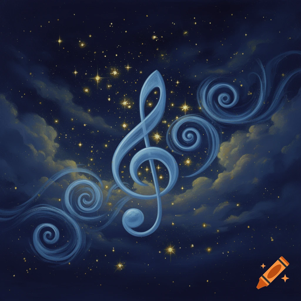 A light blue treble clef and swirling lines painted against a navy blue night sky with fluffy clouds and glowing yellow stars.