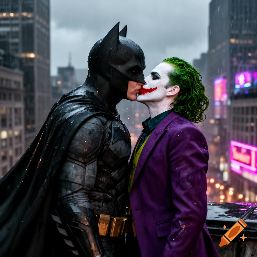 Photorealistic image of Batman kissing the Joker on a rainy city rooftop.