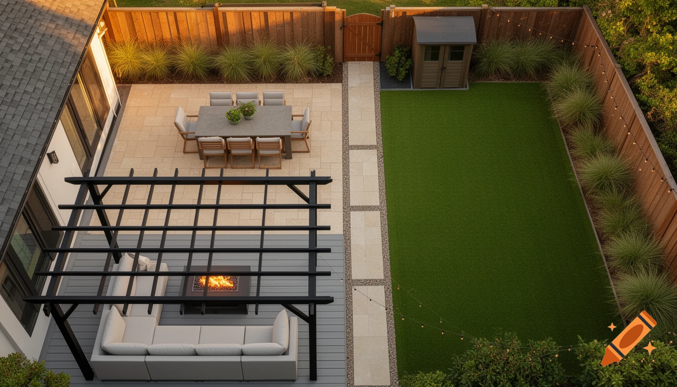 Overhead view of a modern backyard with a dining patio, a deck with a pergola and fire pit, green artificial turf, and a stone path, bathed in golden afternoon light.