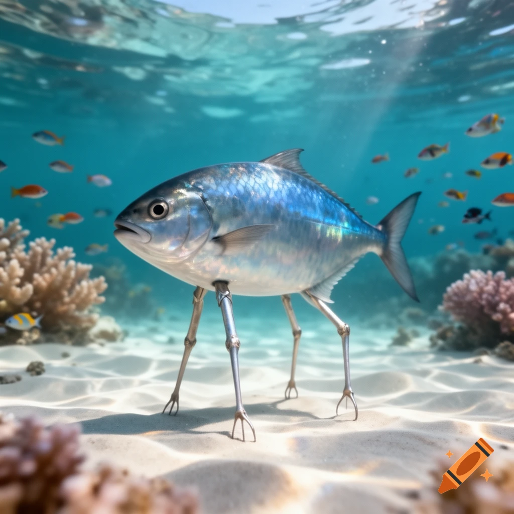 A fish with metallic legs stands on a sandy ocean floor with coral and smaller fish swimming nearby.