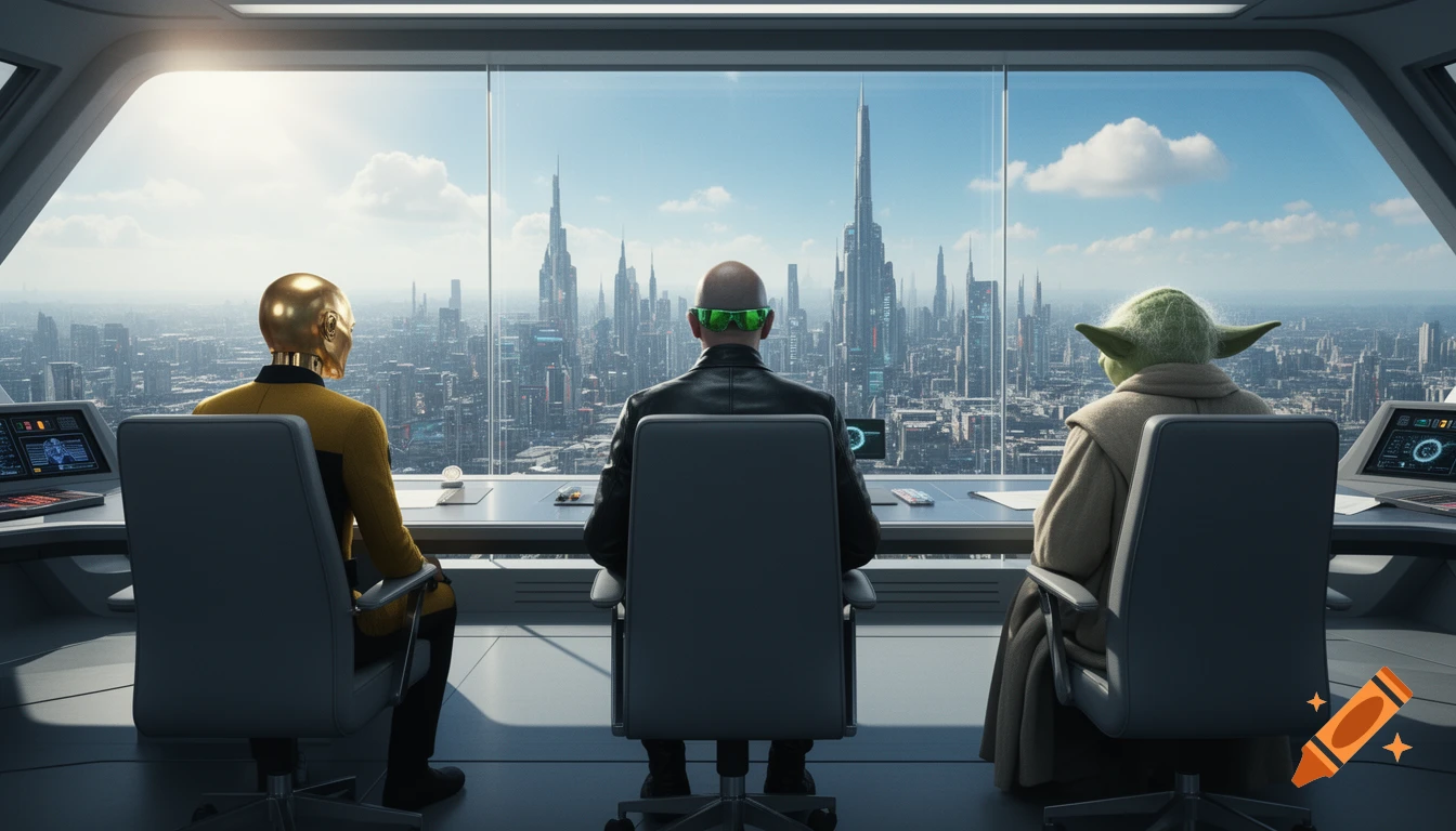 Data, Morpheus, and Yoda sit with their backs to the viewer, looking out a large window at a sprawling futuristic city skyline.