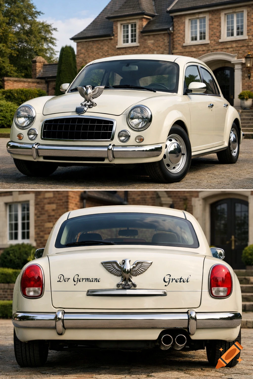 An elegant cream-white 'Germane Gretel' car with a classic design and an eagle sculpture, parked in front of a brick house.