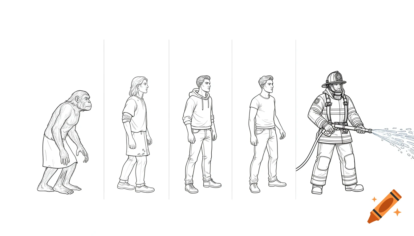 Black and white line art depicting the evolution from an ape-like figure to a man, ending with a firefighter spraying water.