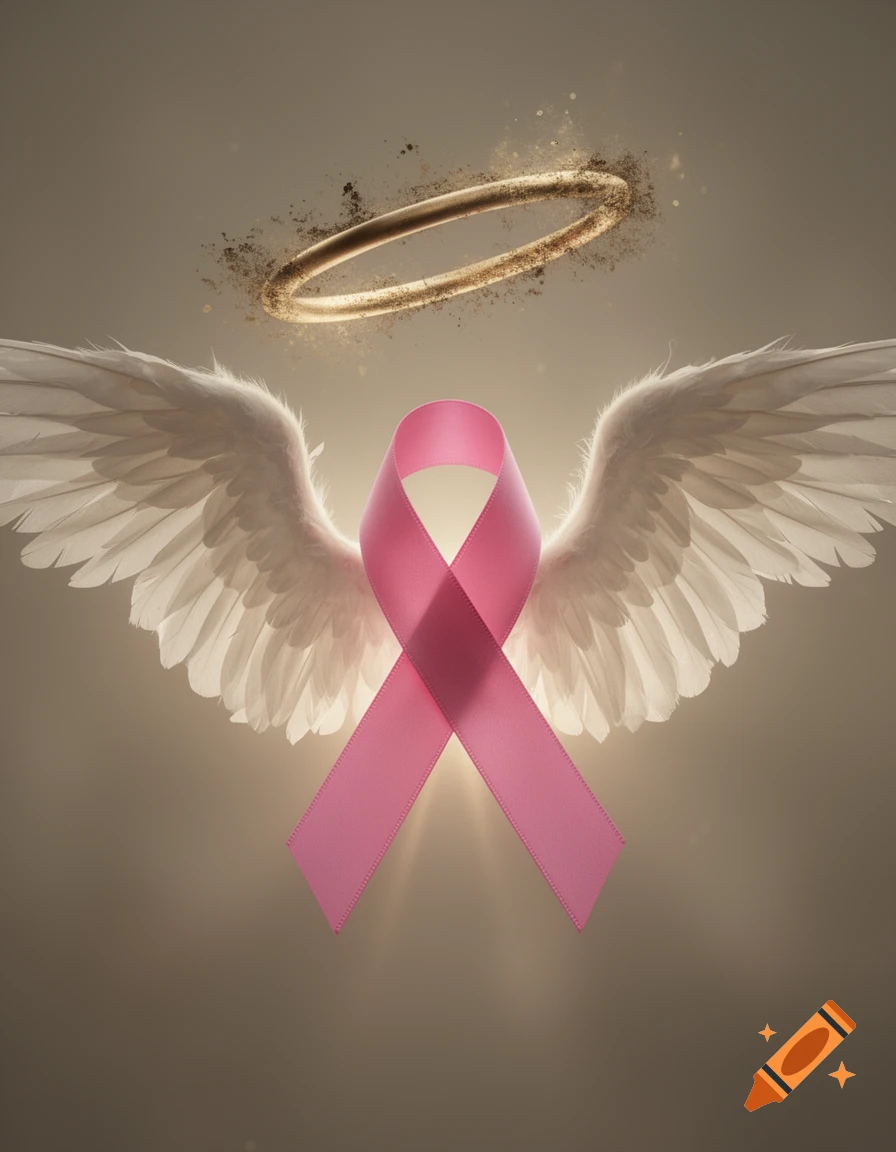 A pink awareness ribbon centered with white ethereal angel wings behind it and a glowing, gritty halo above, against a soft, light background.