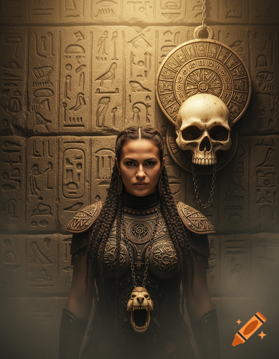 A warrior woman with braided hair and dark armor stands before a hieroglyphic wall, a skull and calendar above her, an animal skull pendant on her chest.