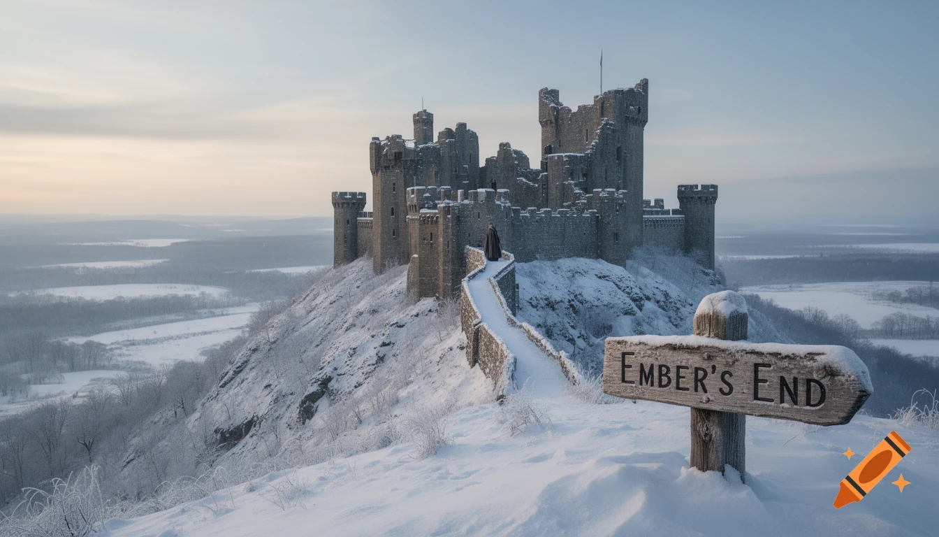 A snowy fantasy castle fortress on a hilltop overlooking a vast winter landscape, with a sign reading 'Ember's End' in the foreground.