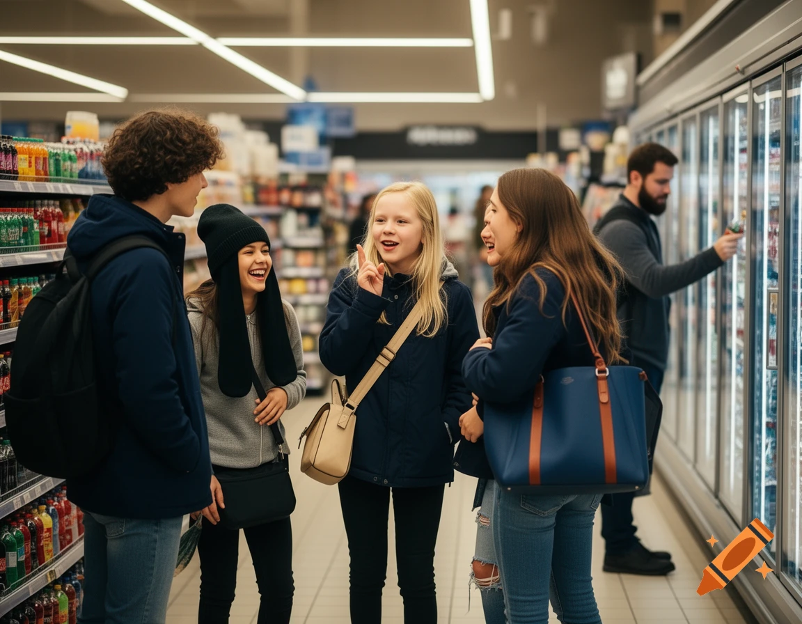 Four young people laughing and talking in a supermarket aisle, while a man looks at refrigerated items in the background. Photorealistic style.