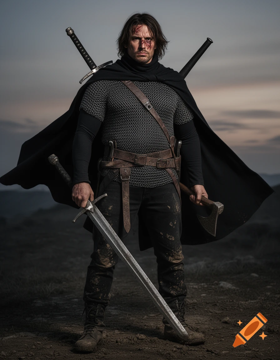 A battle-scarred mercenary in a black cloak and chainmail, holding a two-handed sword, stands on a desolate landscape at dusk.