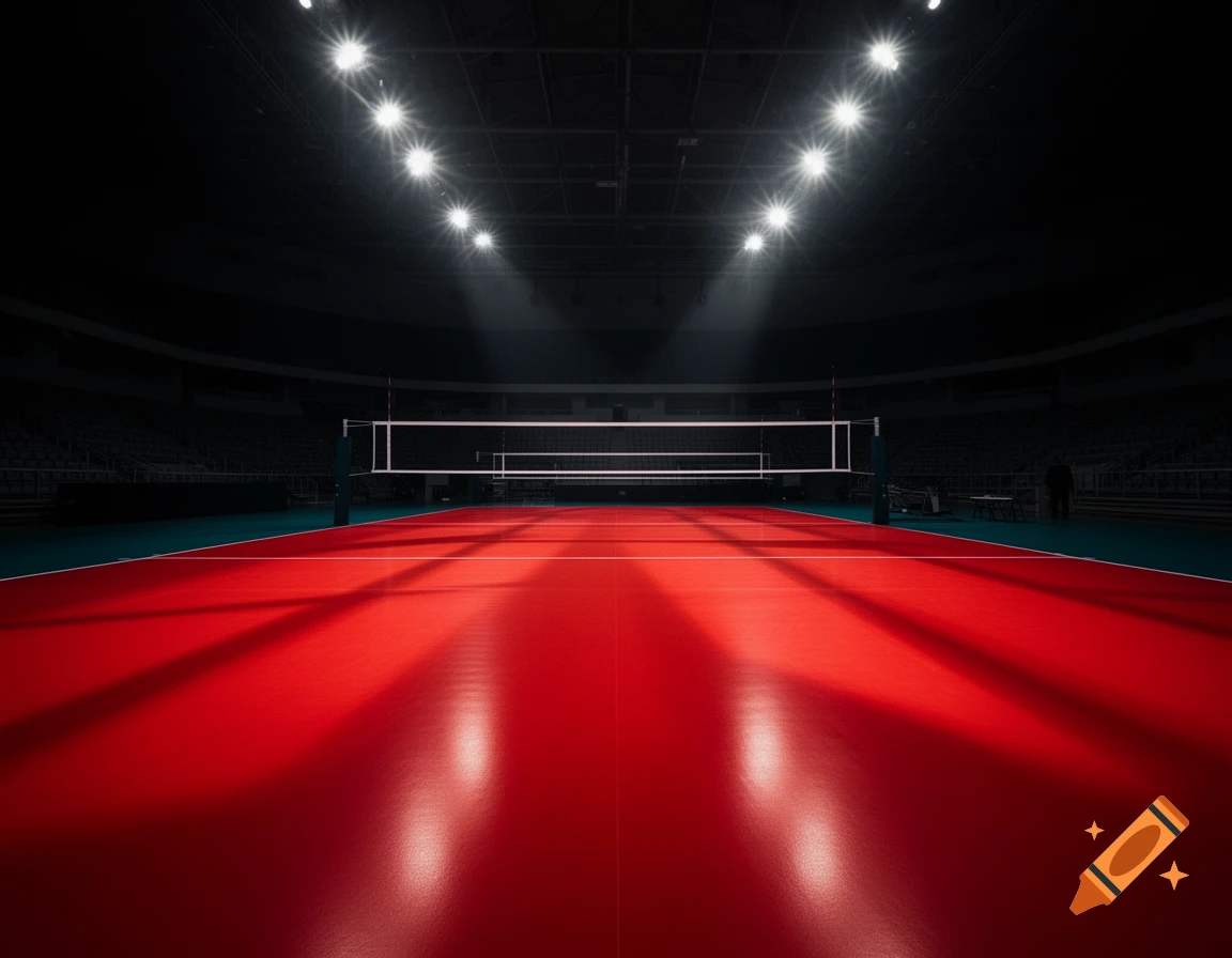 A photorealistic wide shot of an empty red volleyball court bathed in bright spotlights within a dark arena.