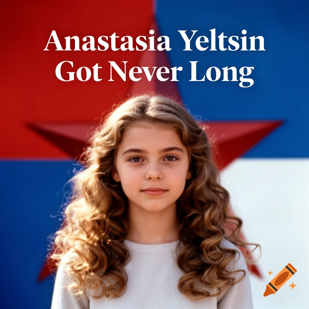 A young girl with long, light brown curly hair looks forward against a red, white, and blue background with a star and the text 'Anastasia Yeltsin Got Never Long'.
