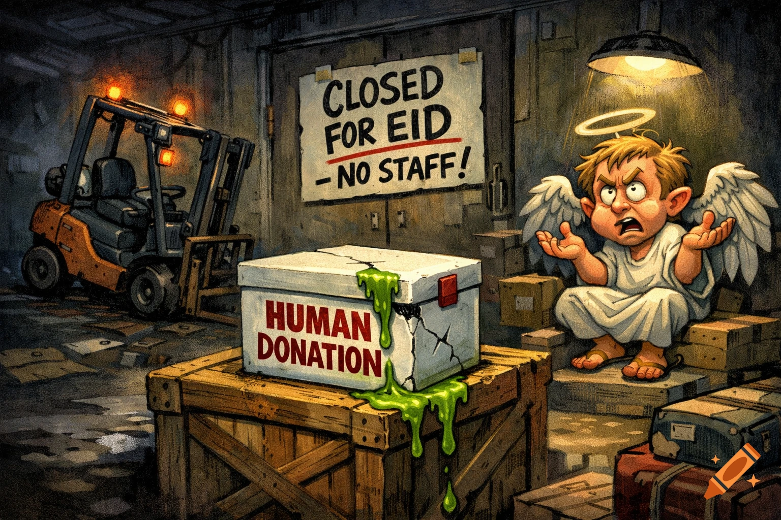 Satirical cartoon of a frustrated angel in a dark warehouse with a forklift, a leaking box labeled 'HUMAN DONATION', and a 'CLOSED FOR EID' sign.