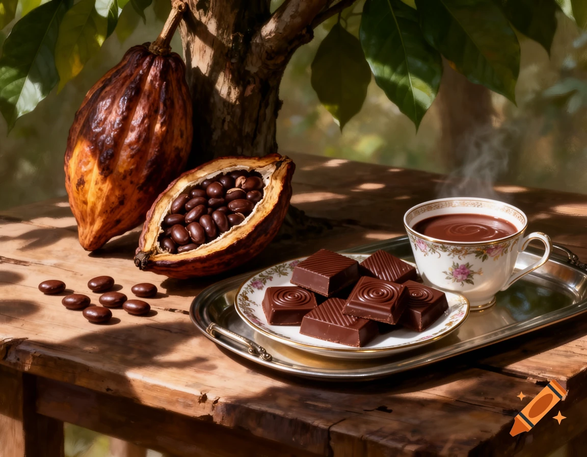 A photorealistic still life of an open cacao pod with beans, chocolate squares, and a steaming cup of hot chocolate on a wooden table.