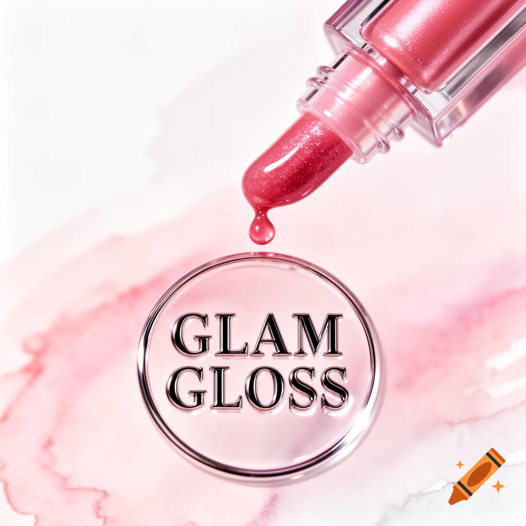 Pink glitter lip gloss applicator with a dripping drop over a circular 'GLAM GLOSS' logo on a pink watercolor background.