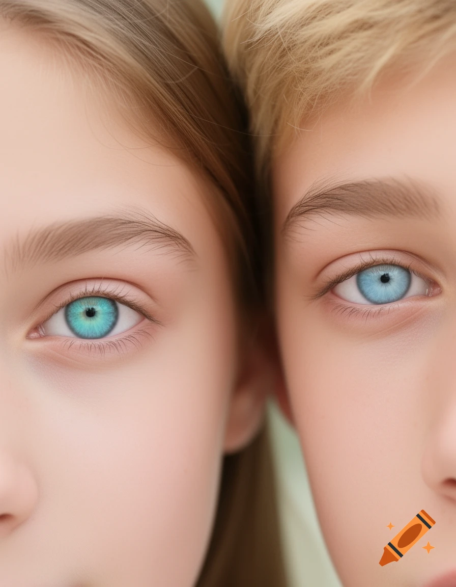 Close-up of two young people's faces, showing one turquoise-blue eye with light brown hair and one light blue eye with blonde hair.