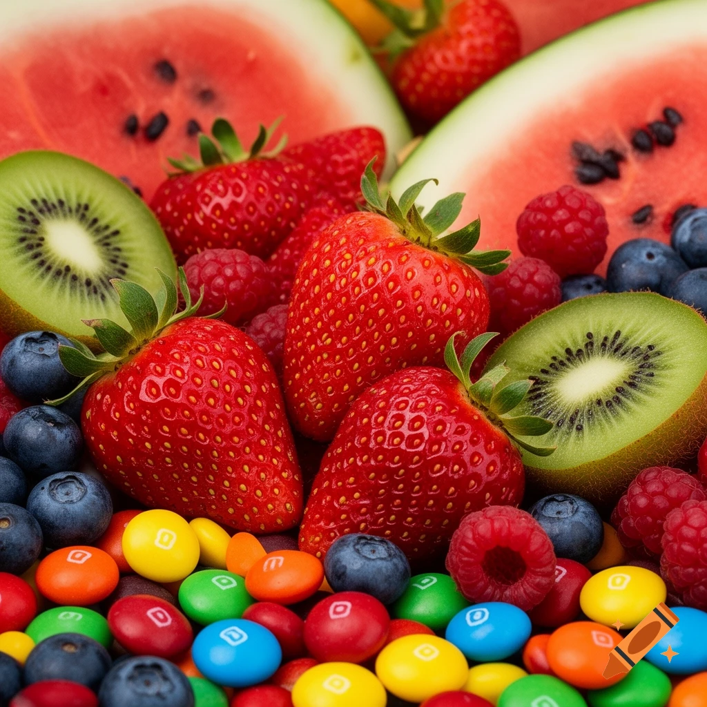A vibrant close-up of fresh fruits including strawberries, watermelon, kiwi, raspberries, and blueberries mixed with colorful M&M-like candies.