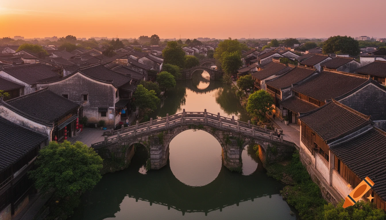 Aerial view of an ancient Chinese water town with arched stone bridges ...