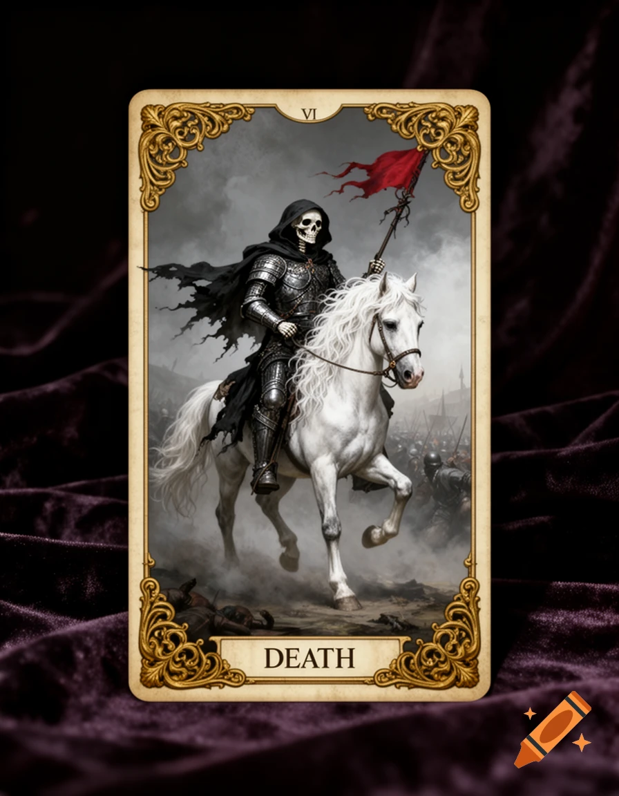 A tarot card featuring the Grim Reaper in dark armor on a white horse, holding a tattered red flag, amidst a smoky battlefield. The card is titled "DEATH" at the bottom and has Roman numeral VI at the top.