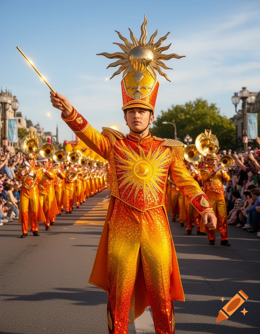 A photorealistic image of a sun-themed marching band leader in a shimmering gold and red costume, holding a baton, leading a parade.