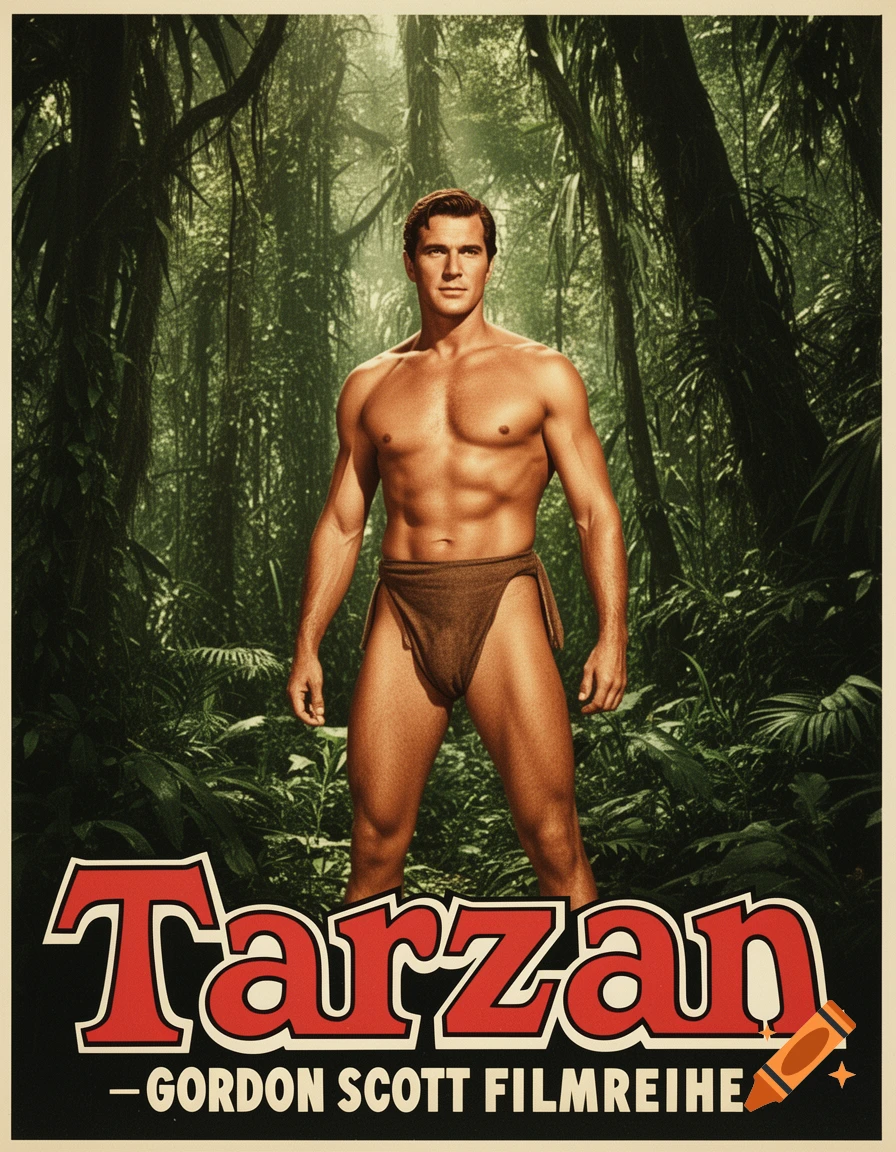 Vintage film poster of a shirtless Tarzan in a loincloth standing heroically in a dense jungle, with 'Tarzan - Gordon Scott Filmreihe' text.