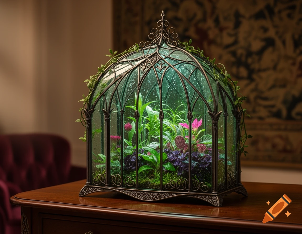 An ornate, whimsical metal and glass terrarium filled with green and purple plants and pink flowers, sitting on a wooden table.