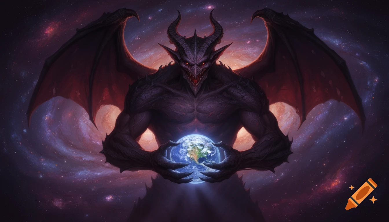 A colossal, horned demon with large wings holds a tiny planet Earth in its hands against a backdrop of a swirling galaxy and nebula.
