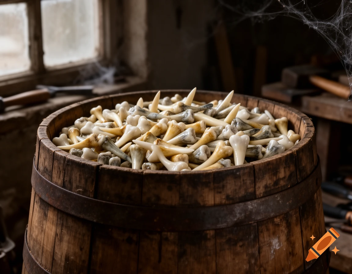 A rustic wooden barrel filled with countless white and off-white teeth and bone-like objects, in a dimly lit room with a window and cobwebs.
