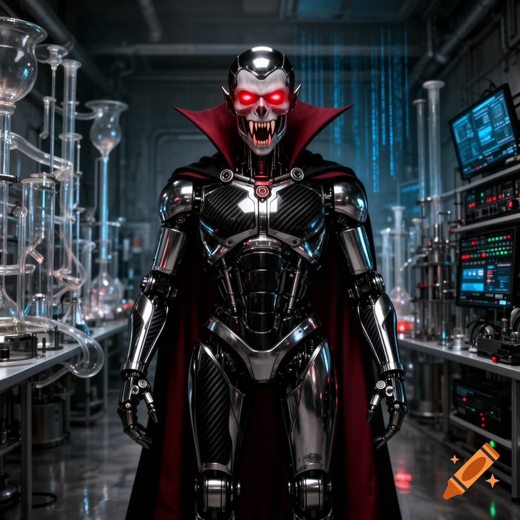 A menacing chrome and carbon fiber vampire robot with glowing red eyes and a red cape stands in a high-tech laboratory filled with scientific equipment.
