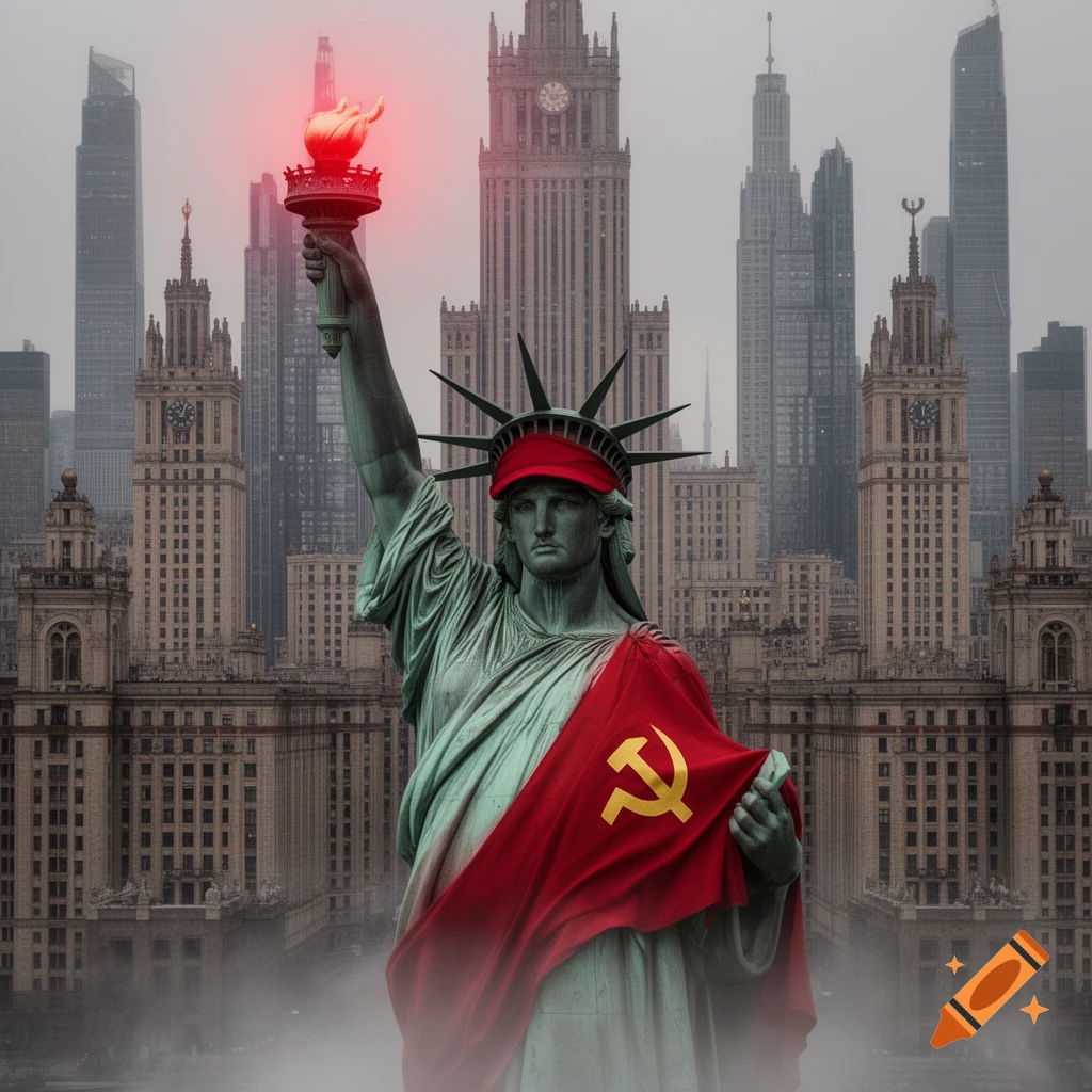 A Statue of Liberty wearing a red visor and a red sash with a hammer and sickle symbol, holding a glowing red torch, stands before a cityscape of Soviet-era style buildings under a cloudy sky.