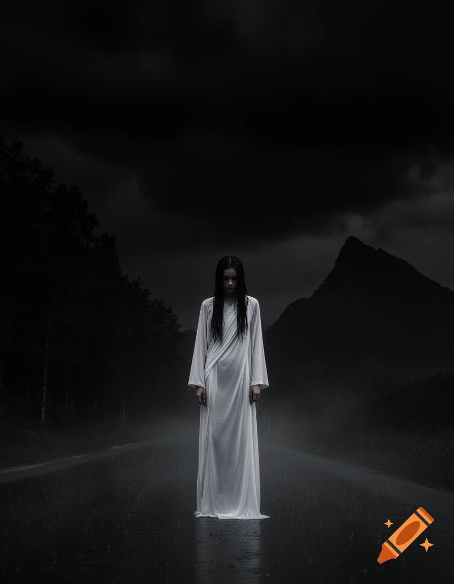 A young woman in a white robe with long black hair stands on a dark, rainy road at night, surrounded by fog, a mountain, and a forest.