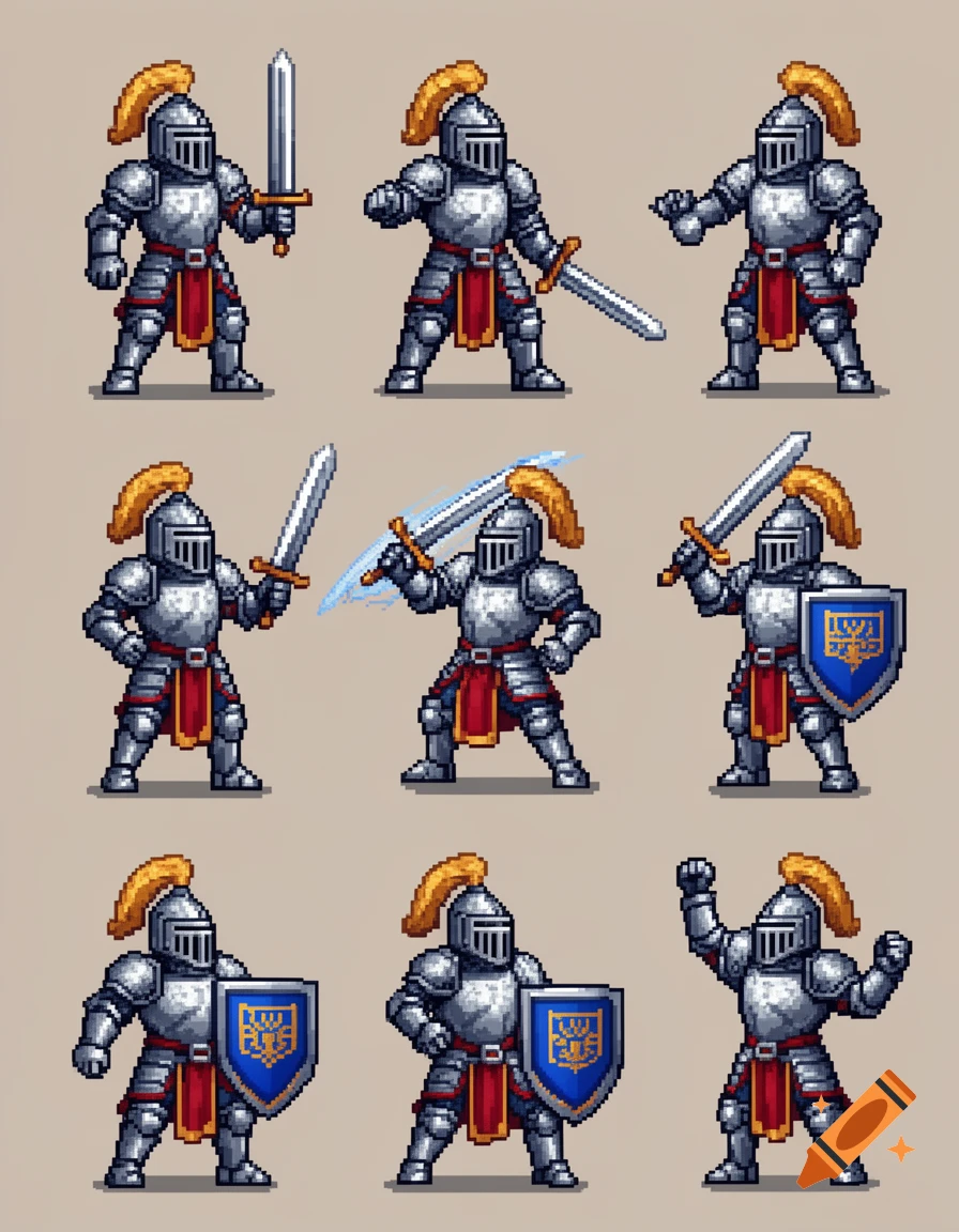 Pixel art sprite sheet featuring nine variations of a knight in silver armor with a golden plume, holding swords and shields against a light background.