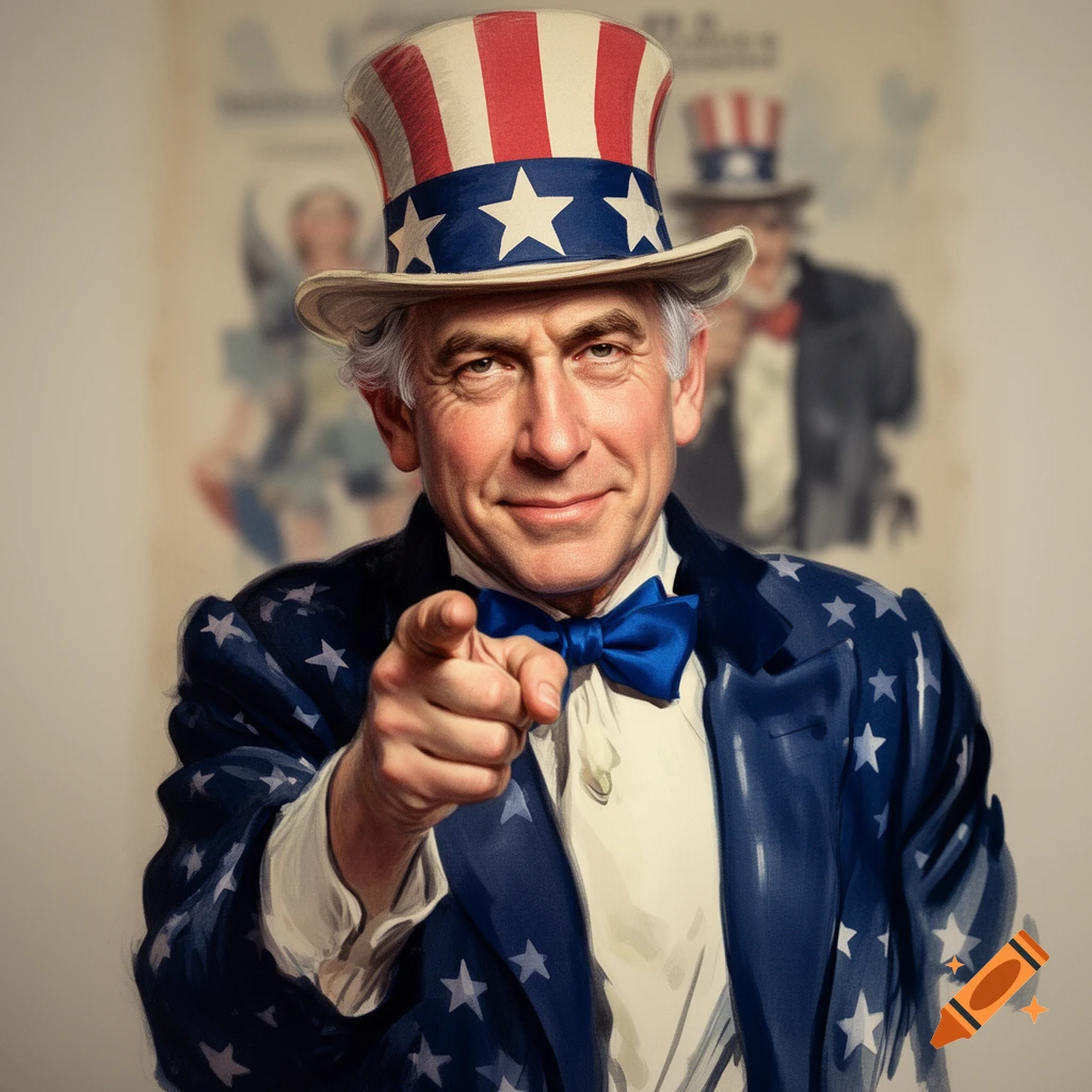 A man resembling Benjamin Netanyahu dressed as Uncle Sam, wearing a star-spangled suit and hat, smiling and pointing forward.