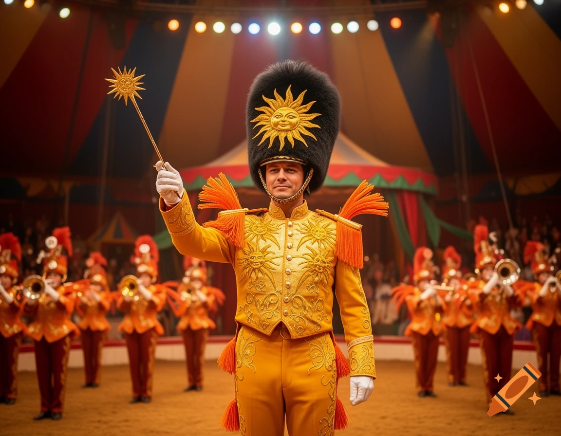 A man in a golden, sun-themed marching band leader uniform with a tall furry hat and a wand, stands in a circus ring with a band behind him.