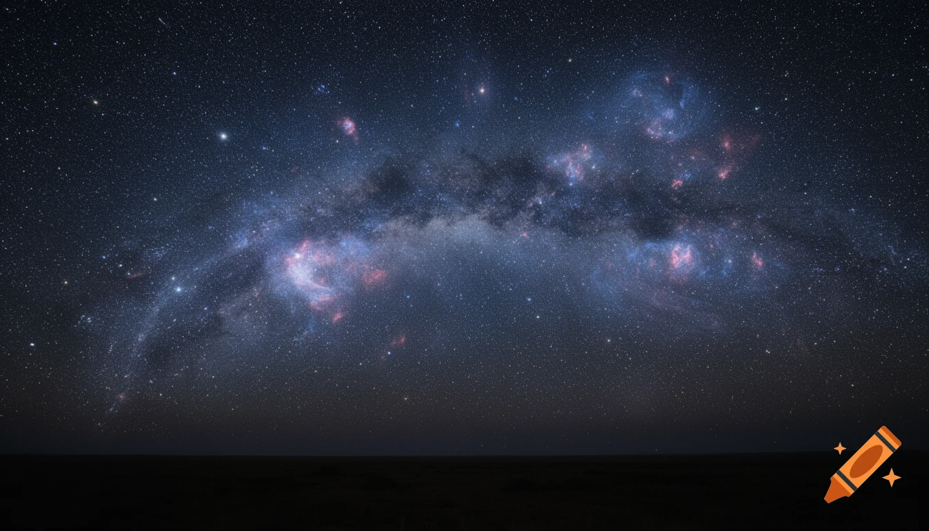 A breathtaking photorealistic view of a vast starry night sky with a colorful galaxy stretching across the dark horizon.