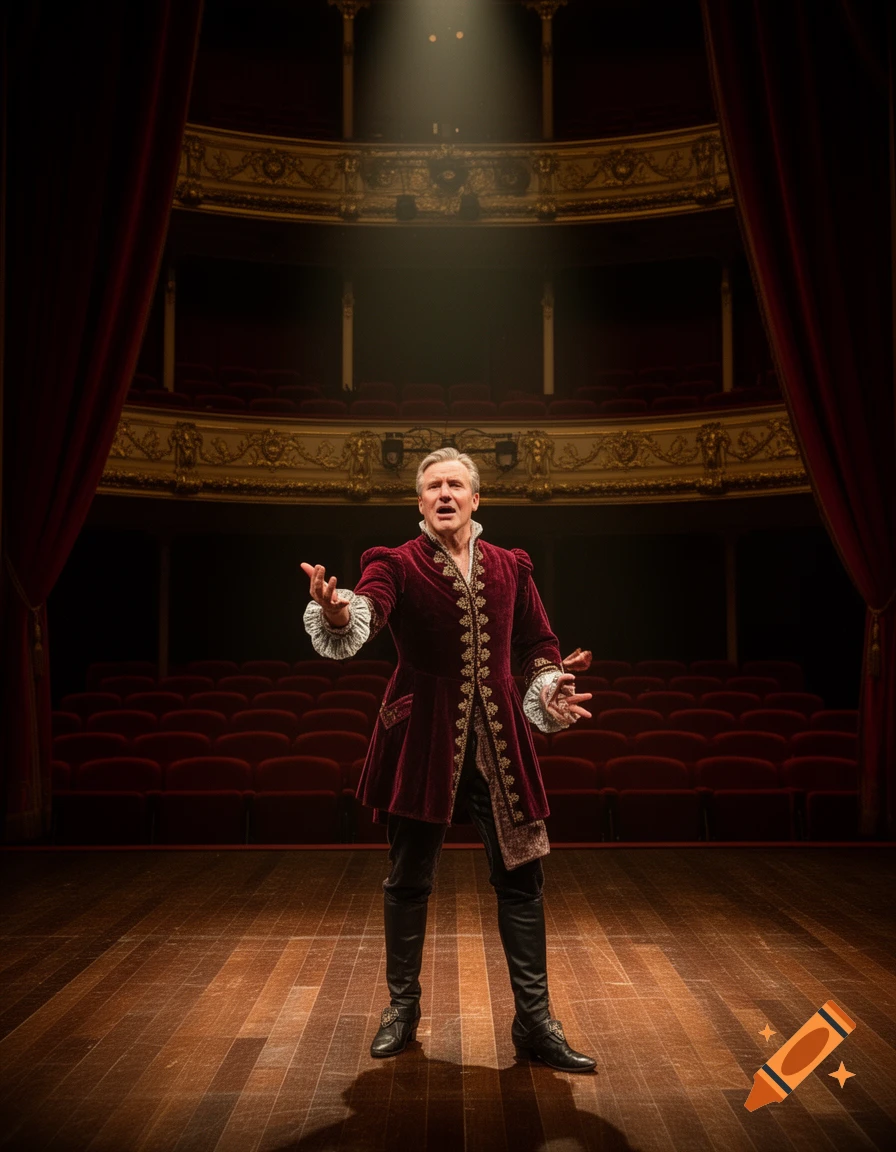 A man in a red velvet historical costume gestures dramatically on a spotlighted theater stage with empty red seats.