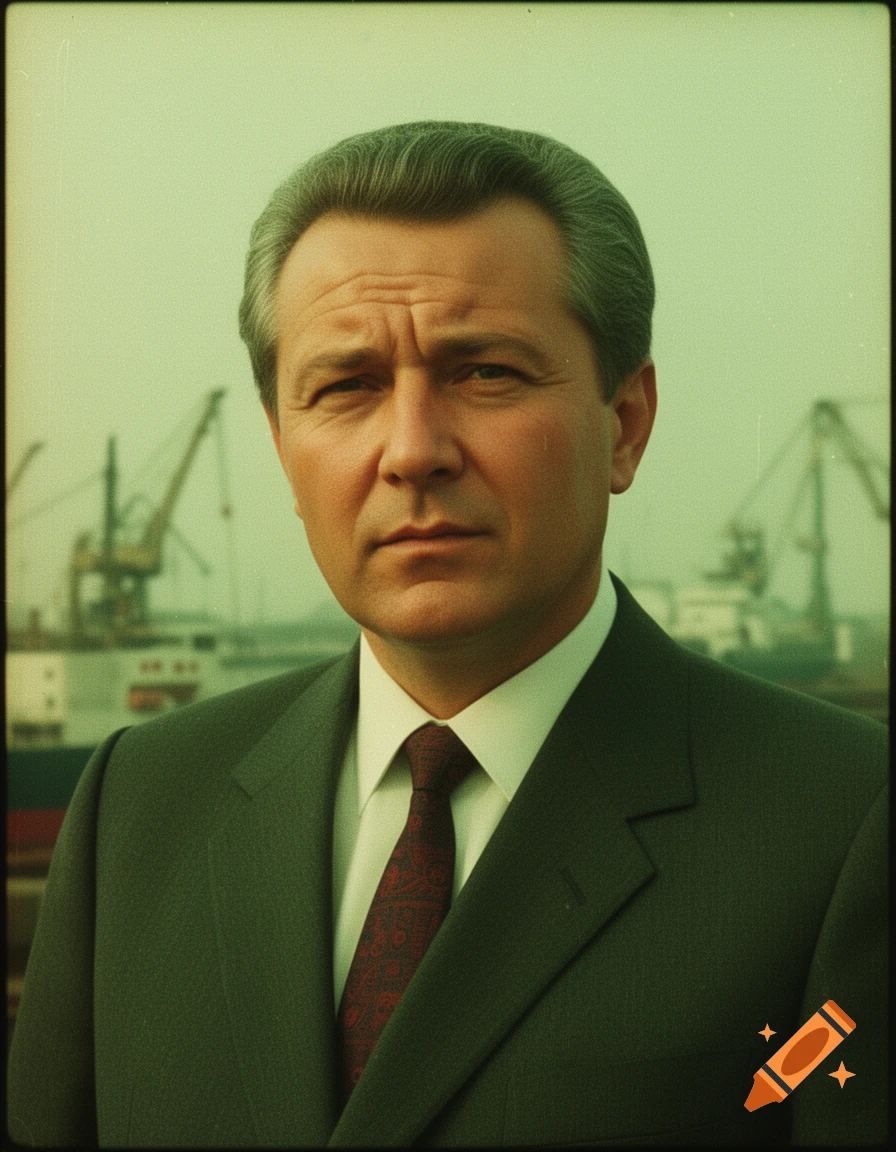 A serious-looking man in a dark suit and red tie, with grey hair, captured in a vintage portrait with industrial cranes in the background.