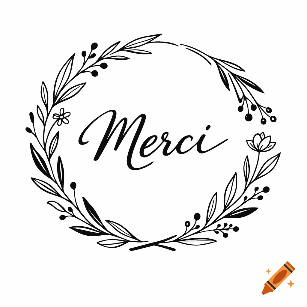 Black and white minimalist botanical wreath with the word 'Merci' in elegant calligraphy.