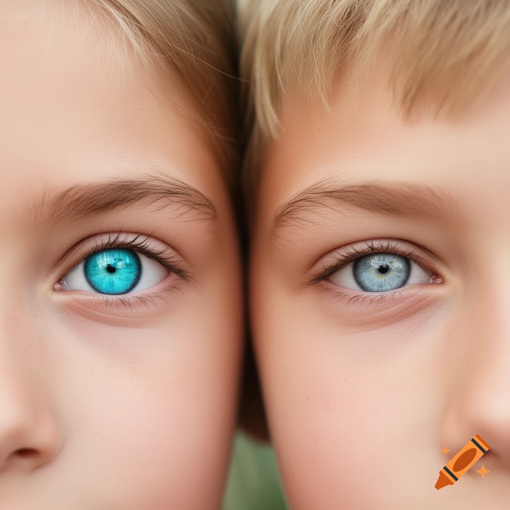 Close-up of two children's faces side-by-side, showing one vibrant turquoise blue eye and one light blue eye.