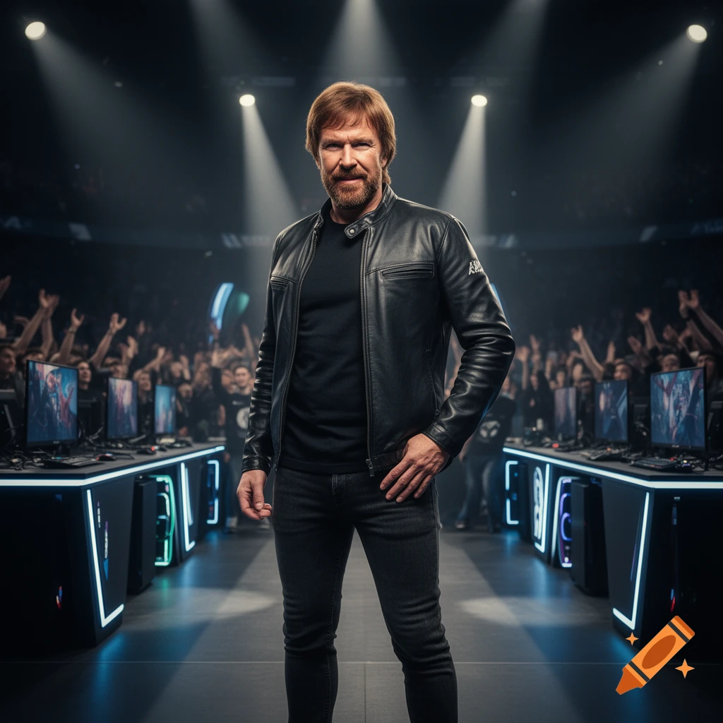 A man resembling Chuck Norris, wearing a black leather jacket and jeans, stands confidently on a stage in a dimly lit esports arena with glowing gaming setups and a cheering crowd in the background.