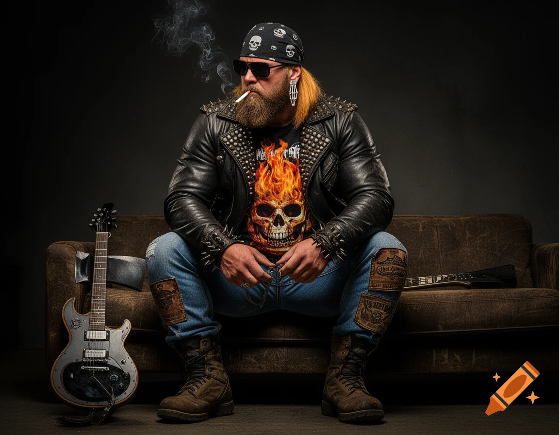 A heavily bearded man in biker gear, wearing a skull bandana and a spiked leather jacket, sits on a couch, holding a cigarette. An axe-guitar rests beside him. Photorealistic style.