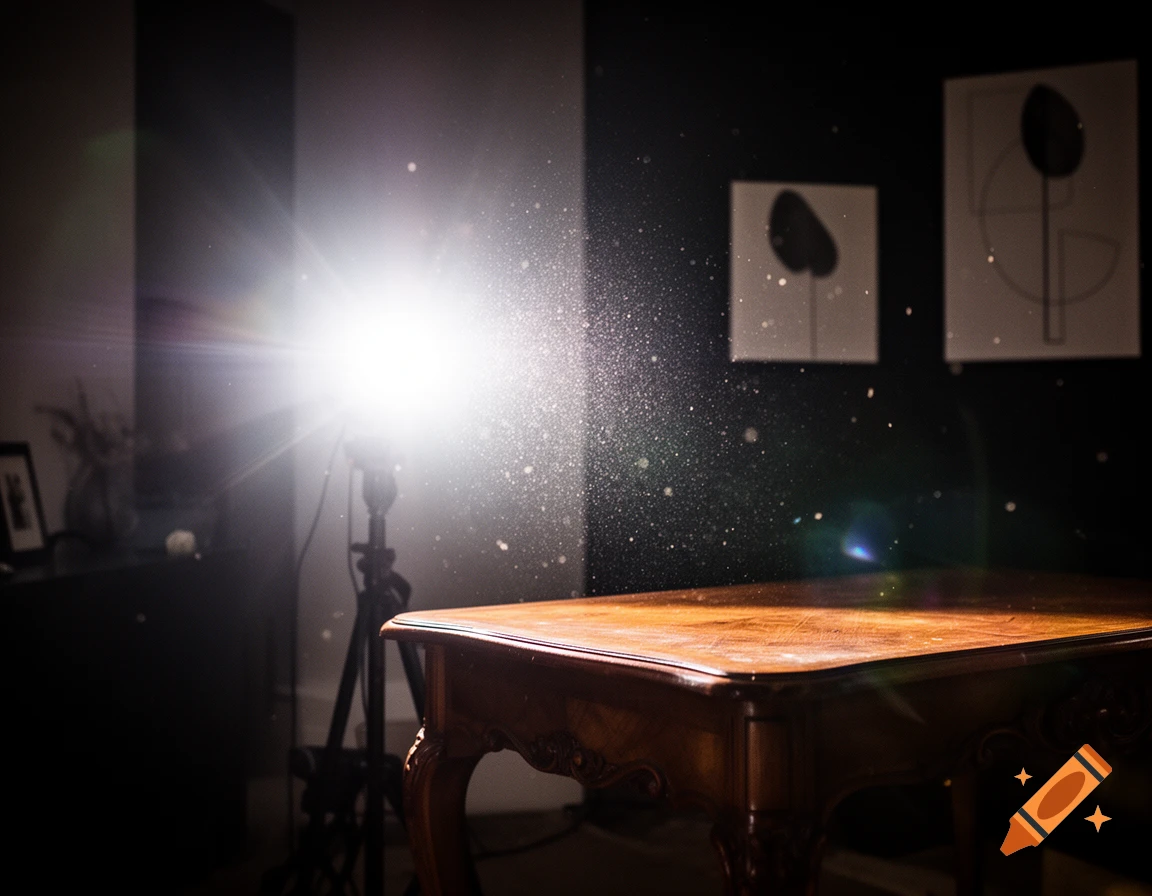 A strong flash of light illuminates dust particles in a dim room, with a wooden table in the foreground and abstract art on the wall.
