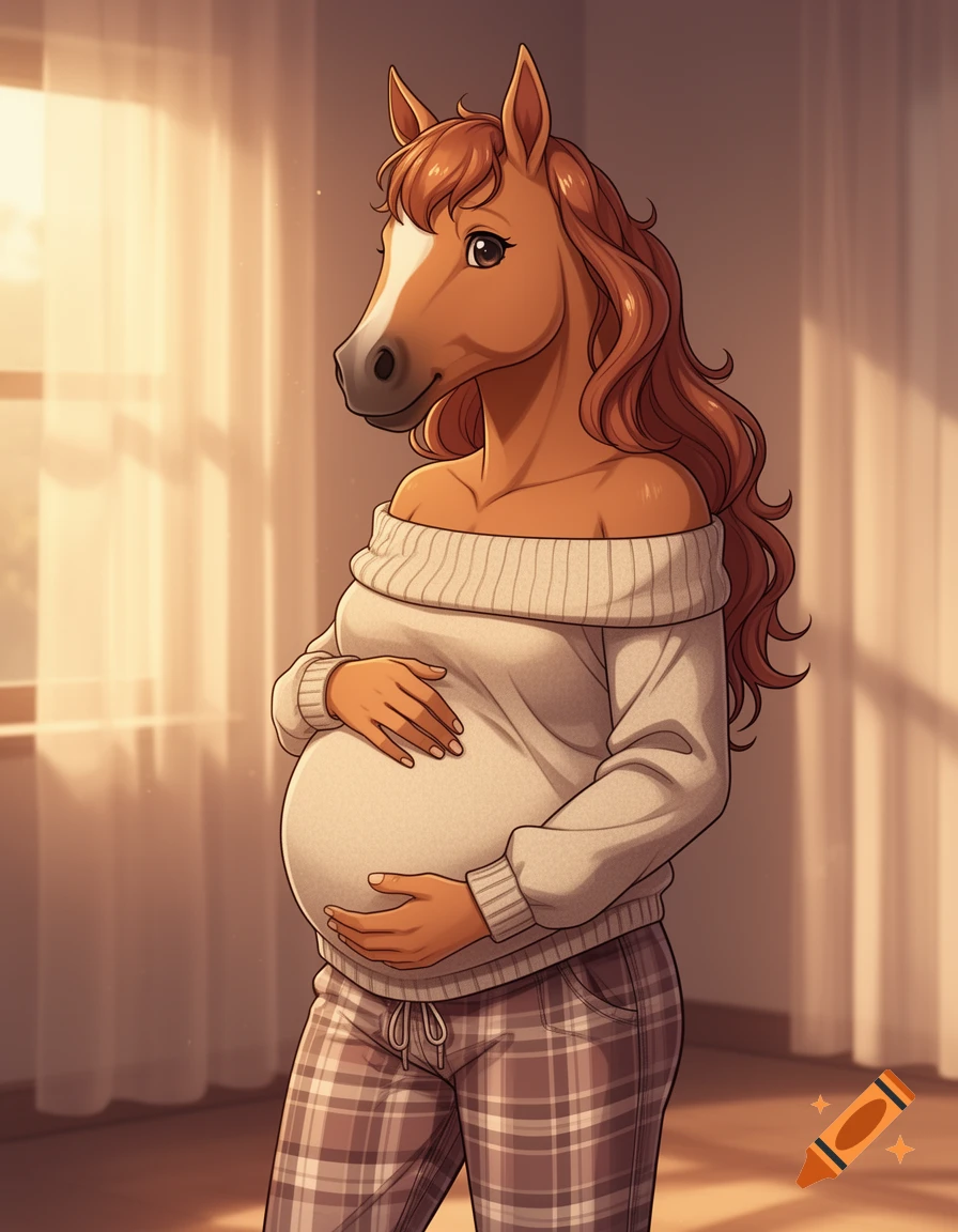 An anime-style anthropomorphic pregnant horse character with long brown hair, wearing an off-shoulder sweater and plaid sweatpants.