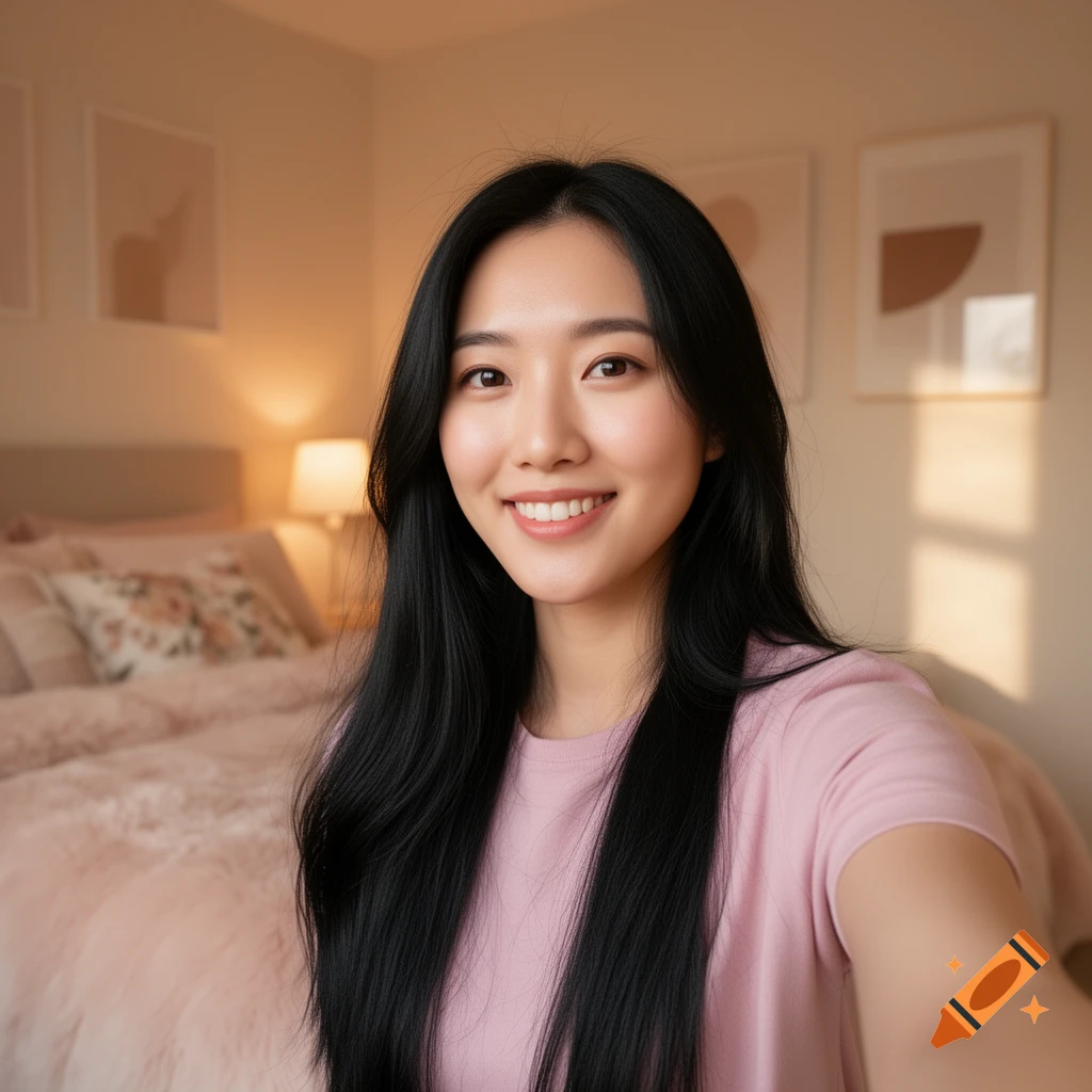 A smiling Asian woman taking a selfie in a cozy bedroom with pink bedding and warm lighting.