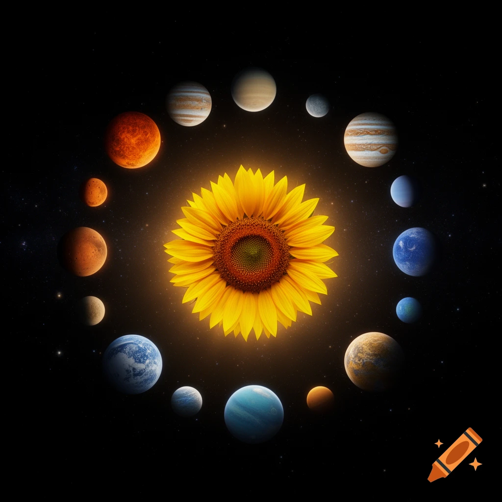 A vibrant sunflower surrounded by planets and celestial bodies, floating in a dark, star-filled space.