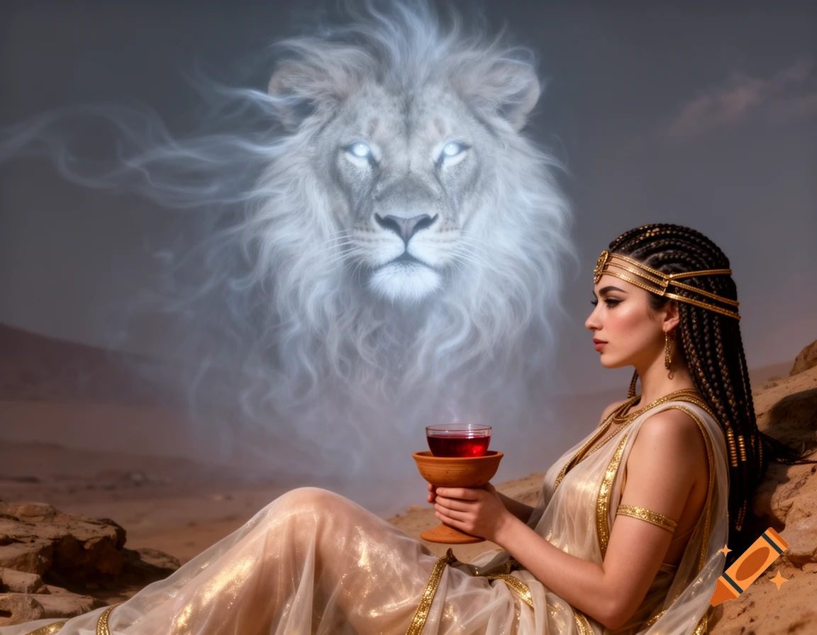 A woman in ancient Egyptian attire holding a cup in a desert, with a ghostly white lion head appearing behind her.